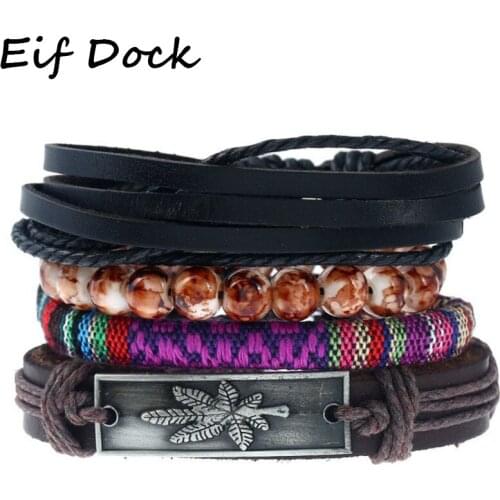 Hot Sale Mens Beads Bracelet Fashion Maple leaf Alloy Leather Bracelets&Bangles Ethnic Braided Rope Wrap Bracelets for Women Men