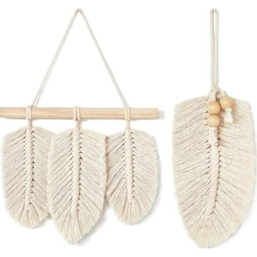 Small Macrame Wall Hanging Feather Boho Decor Woven Leaf Tassels Decoration Cotton Ornaments with Wooden Beads Home Decor