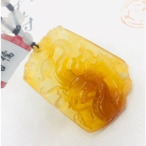 Natural Brazilian Ice Jade Jade Carved Yellow Dragon Pendant with Chalcedony Jade Bead Necklace Mens Womens Sweater Chain