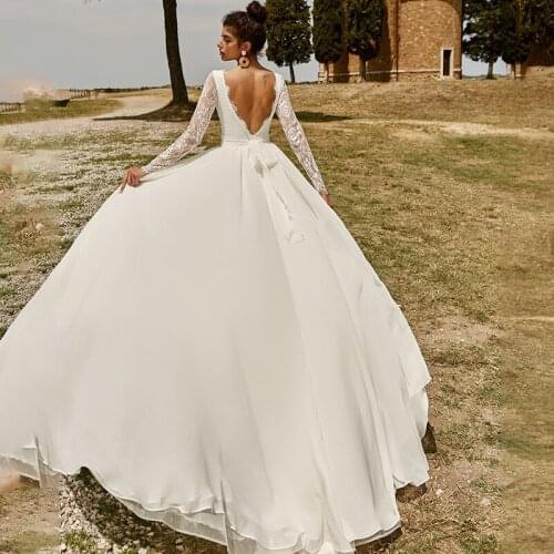 New Backless Beach Wedding Dresses 2021 Scoop Full Lace Sleeves A Line Bridal Gown with Bow Boho Vestidos De Mariage