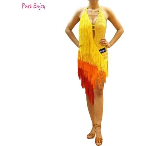 New Latin Dance Dress Women Competition Costumes Custom Practice Skirts Shining Crystal Yellow Thick Fringed Latin Dresses