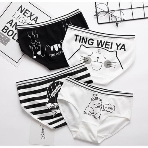 Simple Cute BlackWhite Cartoon Cotton Womens Underwear Breathable Seamless Panties Mid-Waist Female Briefs Lingerie Tanga