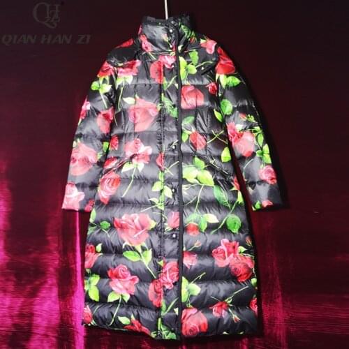 Qian Han Zi 2019 Designer Fashion Winter Long coats Womens hooded rose print slim vintage Thick winter warm down jacket overcoa