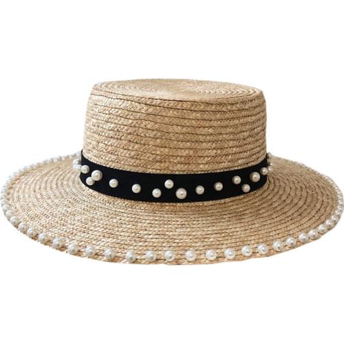 Fibonacci Summer Sun Hats For Women Fashion Pearl Decoration Flat Top Cap Panama Jazz Fedoras Straw Hat Shade Brief Beach Hat