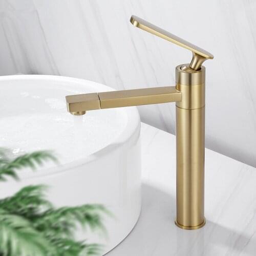 Bathroom Basin Faucet Solid Brass Hot & Cold Sink Mixer Crane Tap Brushed Gold Single Handle Deck Mounted Rotating Faucet