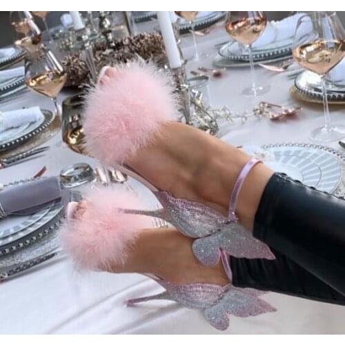Carpaton Pink Fur Decorations High Heel Shoes Women Summer Rhinestones Party Dress Shoes Butterfly Wings Ankle Strap Sandals