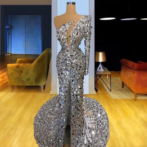 Sequined вечерние платья Single Sleeve vestidos formales Sweep Train платье на выпускной 2021 Free Customized