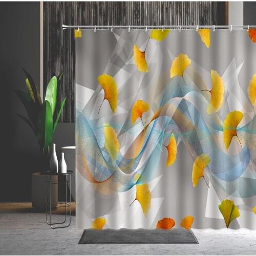 Shower Curtain Yellow Leaf Marble Stripe Natural Plants Pattern Machine Washable Bathtub Decoration Bath Curtains Set With Hooks