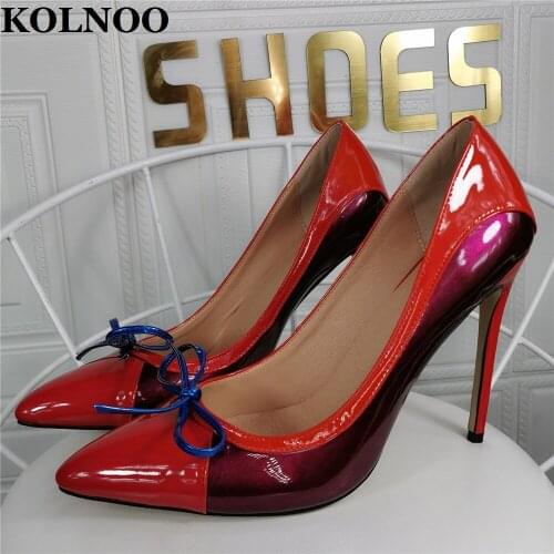 Kolnoo New Simple Style Handmade Womens High Heels Pumps Bowties Patchwork Leather Two-Tones Slip-On Party Office Fashion Shoes