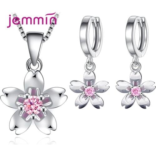 Women Korean Elegant 925 Sterling Silver Sets Flower Necklaces Wedding Piercing Drop Earrings Party Jewelry Lovers Gift