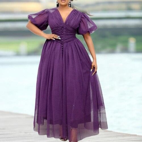 Women African Dress Mesh Patchwork V Neck Solid Color Large Hem Waist Tied Formal Dresses 2021 Summer Fashion Robe