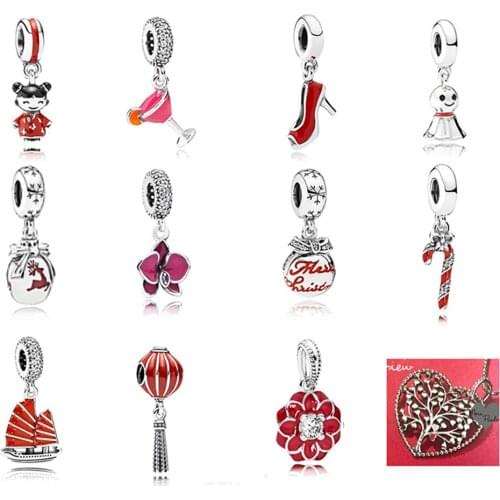 100% 925 Sterling Silver 1:1 Love Pendant Tree, Candy Cane And Red Enamel High Heels Original Female Wedding Fashion Jewelry