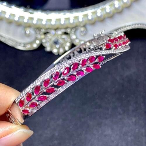 100% Natural Real Ruby bangle Bracelet Solid S925 Sterling Silver For Women Color Natural Real Ruby bangle