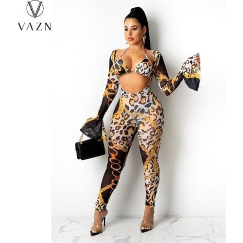 VAZN 2021 Autumn Special Style Sexy Club Hollow Out Open Full Sleeve Jumpsuits Top 1 Piece Underwears Skinny Women 2 Piece Set