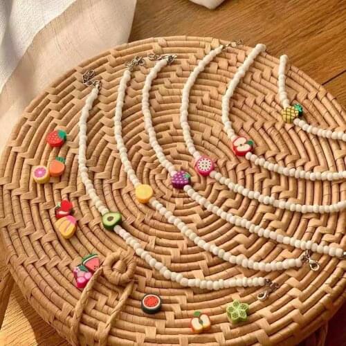 Dvacaman White Color Acrylic Beads Bracelet Bangle for Women Girls Boho Polymer Clay Fruit Animal Smiley Beaded Bracelet Jewelry