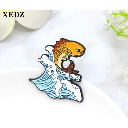 XEDZ Leaping Carp Metal Insignia Blue Waves Red Lucky Fish Good Luck Pin Custom Button brooch Jewelry Pin Holiday Gift for Women