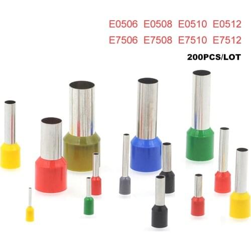 200Pcs Tube Insulated Cord End Crimp Terminals E0506~E7512 Electrical Wire Cable Connector Brass Ferrules 0.5-0.75mm2 22-20AWG