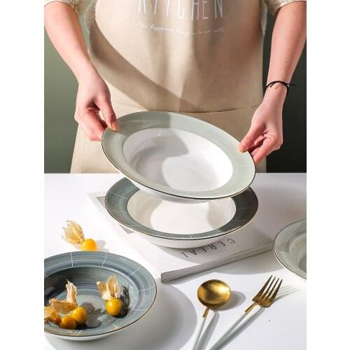 8inch Round Porcelain Plate Dessert Dishes Dinnerware Deep Plate Gold Rim