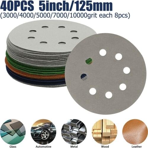 40PCS 8 Hole 5-inch Round Sanding Discs Hook Loop Sandpaper Orbital Sander Set 3000-10000Grit For Polishing Tool