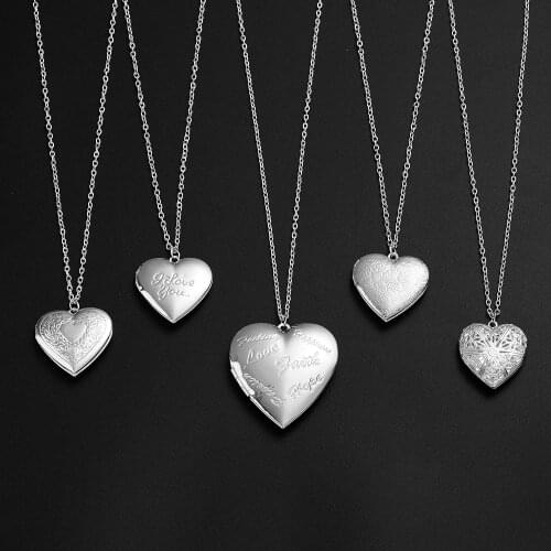 Silver Color Photo Frame Pendant Necklace Classic Engraved Flower Hollow Heart Can Open Locket Necklace Family Lover DIY Jewelry