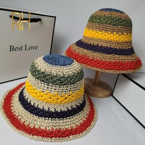 Summer Sunshade Colored Rainbow Soft Laides Straw Hat Foldable Floopy Paper Crochet Literary Beach Hat RH