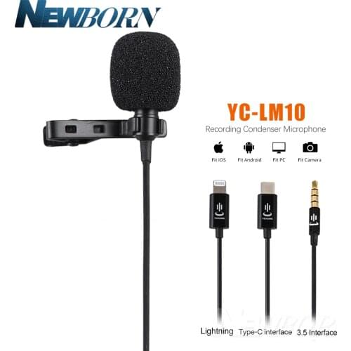 YC-LM10 Phone Audio Video Recording Lavalier Condenser Microphone for iPhone 8 7 6 5 4S 4 ipad Huawei Sumsang Xiaomi Type C