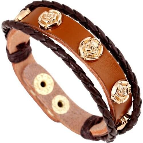 Fashion Women Brown Leather Bracelet Cuff Gold Rose Bead Charm Handmade Bangle Wrap Flower Wristband Buckle Accessories Jewelry