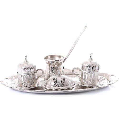White Metal Cezveli Tulip Pattern 2 pcs Ottoman Turkish Coffee set espresso 2 pcs coffee cup and coffee pot tray set