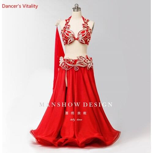2018 New Belly Dance Suit Senior Handmade Diamond Bra and Chiffon Fishtail Skirt 2pcs Sets For Women Dancing Performance Costume
