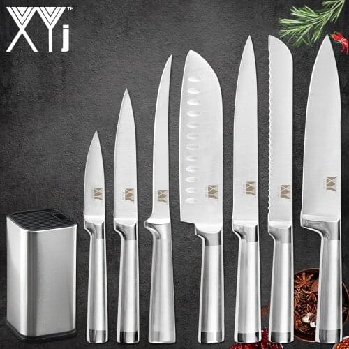 XYj Kitchen 8pcs Stainless Steel Knives Set 8 inch Knife Stand Boning Santoku Knives Fish Sushi Japanese Style Cooking Tools