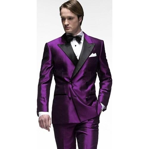 JELTONEWIN High Quality Purple Satin Prom Tuxedos For Men Double Breasted Party Suit Groom Men Wedding Suit (Jacket+Pants+Bow)