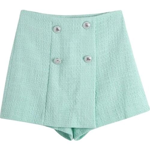 2021 New Women Chic Fashion With Buttons Tweed Shorts Skirts Vintage High Waist Side Zipper Female Skorts Mujer