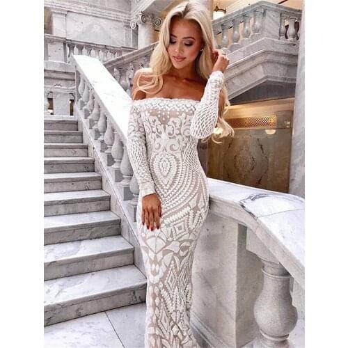 Sexy Long Trumpet Mermaid Dress Women Slash Neck Sequin Slim Club Dance Wedding Prom Party Night Clothes Maxi Bodycon Mesh Dress
