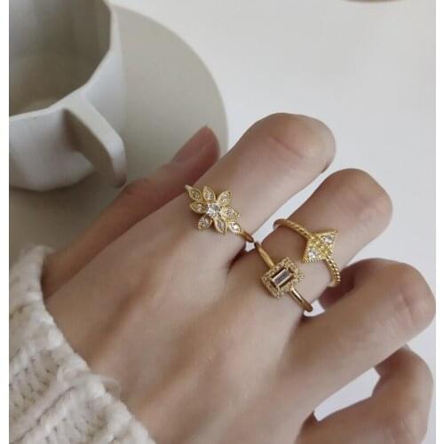 925 Sterling Silver Gold Filled Zircon Flower Geometric Rings Nordic Style Simple Wild Elegant Female Rings 925 Silver Jewelry