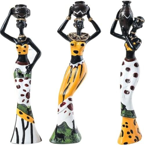 3-set Standing African Figure Sculpture Tribal Lady Figurine Statue Collectible