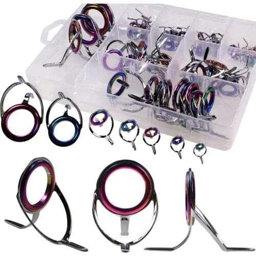 75Pcs Colored Baitcasting Fishing Rod Guides #6-#30 Double Leg Laser Rainbow Ceramic Ring Saltwater Fishing Rod Repair Guide Kit