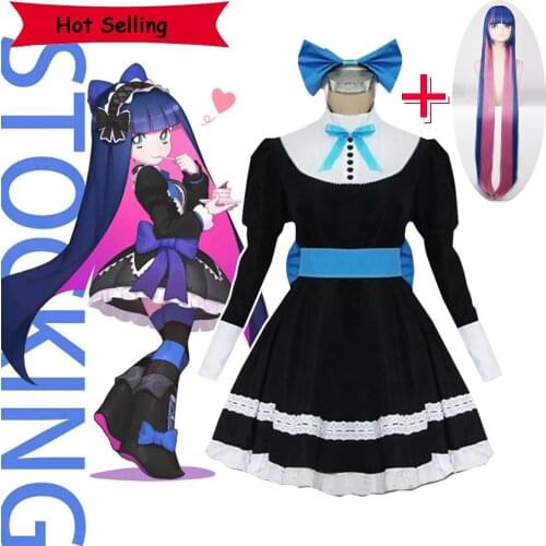 Anime Panty & Stocking With Garterbelt Heroine Anarchy Stocking Black Dress Cosplay Costume Lolita Maid Suits Party Uniform Wigs
