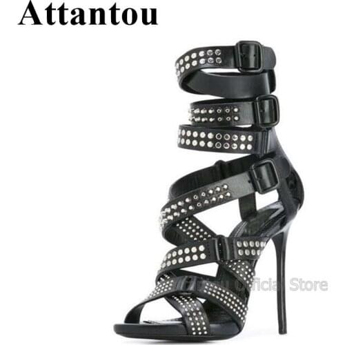 Sexy Black Leather Buckle Straps Rivet Designer High Heel Sandals Woman Summer Shoes