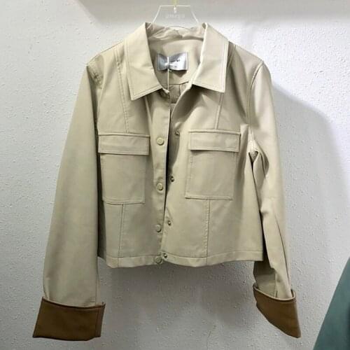 Spring Autumn New Korean Apricot Faux Leather Jacket Green Slim Short Coat Lapel Long Sleeve Single-breasted Biker Jacket Female