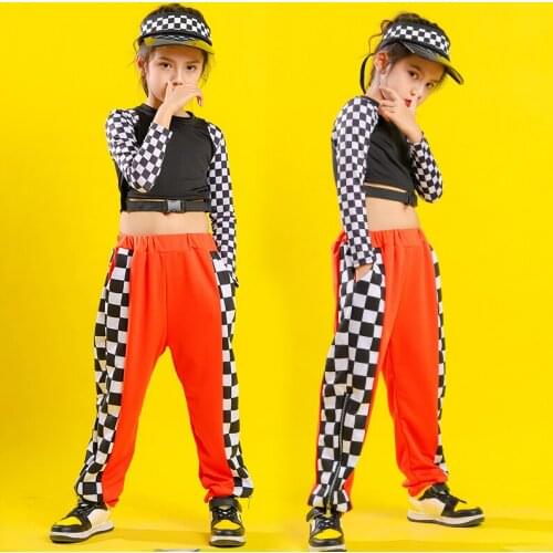 Kids Jazz Dance Costume Hip Hop Girls Clothing Plaid Sleeves Tops Red Pants Children Street Wear Hiphop Performance Costume 4809