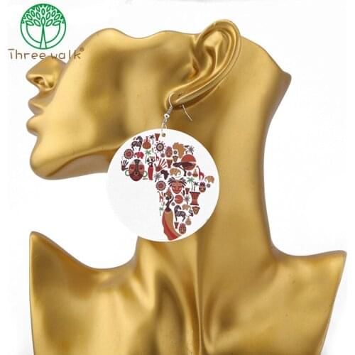 E204 Vintage Women Round Africa Map Wood Earrings Drops