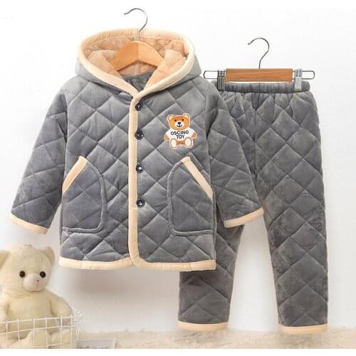 Classic kids pajamas sets thick fur inside hooded tops pants set for 1-12years child boy girls Winter sleepwear set home clothes