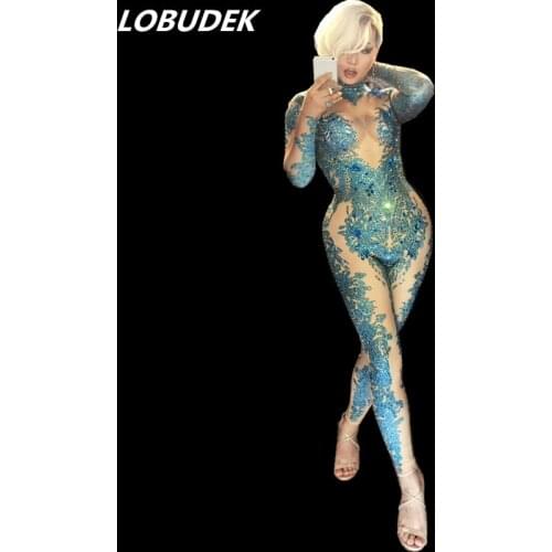 White Blue Crystals Jumpsuit Costume Sexy Leotard bodysuit Bar Nightclub Women Singer DJ Dancing Performance Stage Wear party