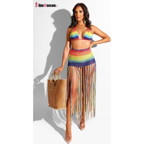 Colorful Rainbow Stripe Hollow Out Bikini Skirt Set Swimwear Women Swimsuit Sexy Two Piece Tassel Long Skirt Set Bikini Cover Up
