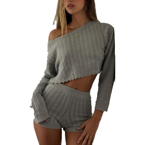 Summer womens Off Shoulder Long Sleeves + Shorts Set Leisure Polyester 2021 Solid Color Hollow Out Process is Comfortable