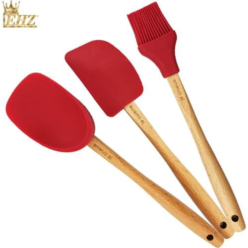 EHZ Silicone Baking Spatula Set Rubber Basting Brush Wood Handle Non-Stick Heat Resistant Kitchen Cooking Baking Mixing Serving