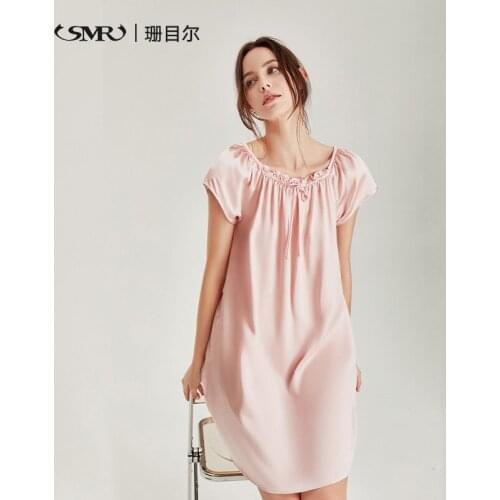 [New design] Shanmuer printed silk pajamas one-piece nightdress Women Lady 100% mulberry silk Nightwear Nightgown sleepwear