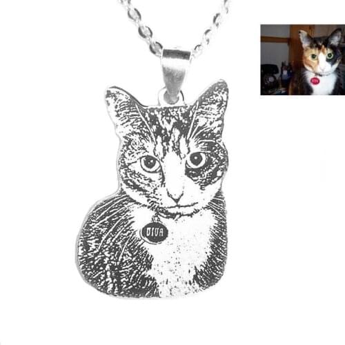 Custom Necklace Cat Animal Photo Stainless Steel Pendant Necklace Engrave Word Stainless Steel Dog Photo NecklaceMemorial Gift