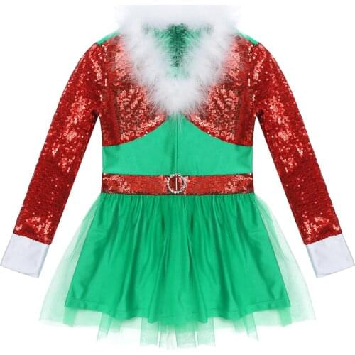 Girl Christmas Dress Winter Kids Girl Long Sleeve Faux Fur Xmas Costumes New Year Party Clothes Children Mesh Dance Dresses