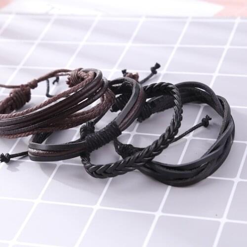 4pcs/set Braided Wrap Leather Bracelets for Men Vintage Charm Ethnic Tribal Multilayer Wristbands Rope Bangles Male Gift